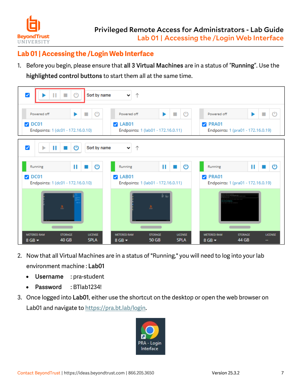 Lab 01 screenshot: starting the three lab VMs and navigating to the PRA login interface