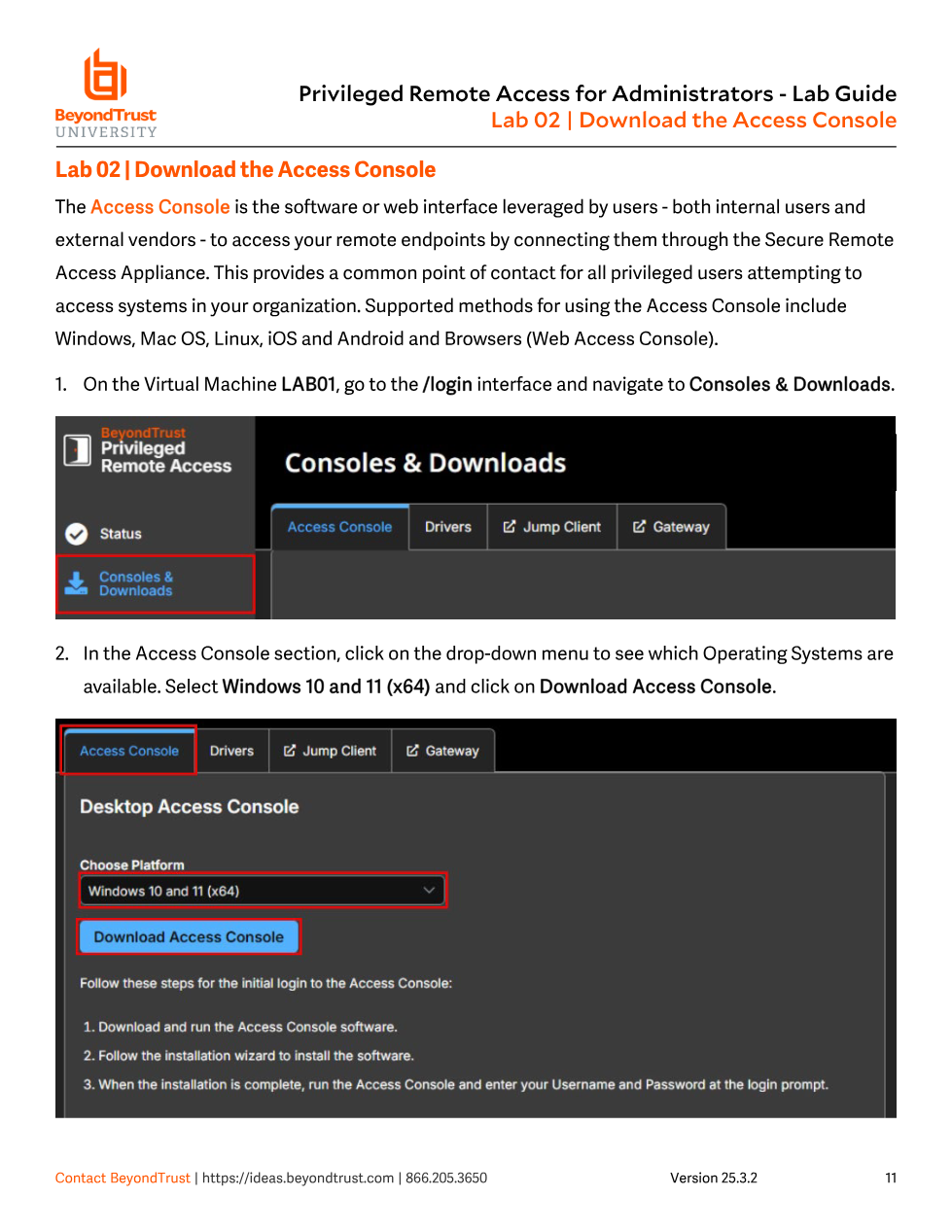 Lab 02 screenshot: Consoles & Downloads page with platform picker and Download Access Console button