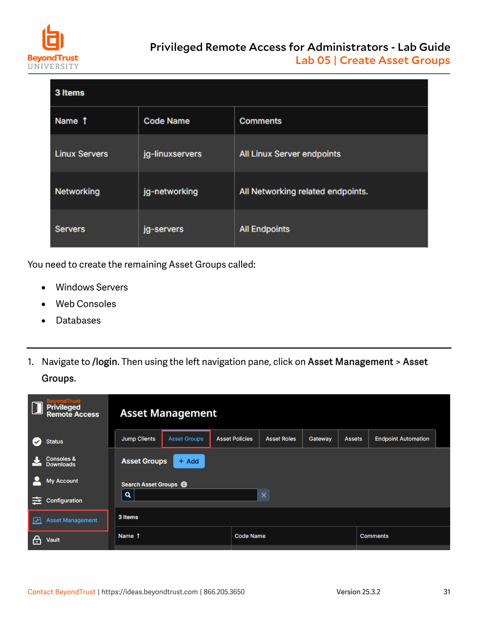 Asset Management console showing the Asset Groups tab highlighted in the left nav, with a table of existing groups: Linux Servers, Networking, Servers