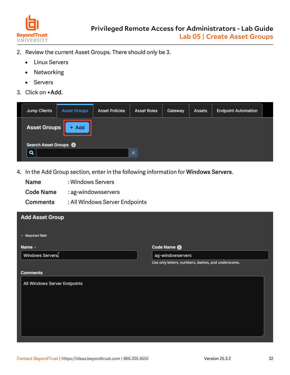 Add Asset Group form with Name, Code Name, and Comments fields filled in for a Windows Servers group