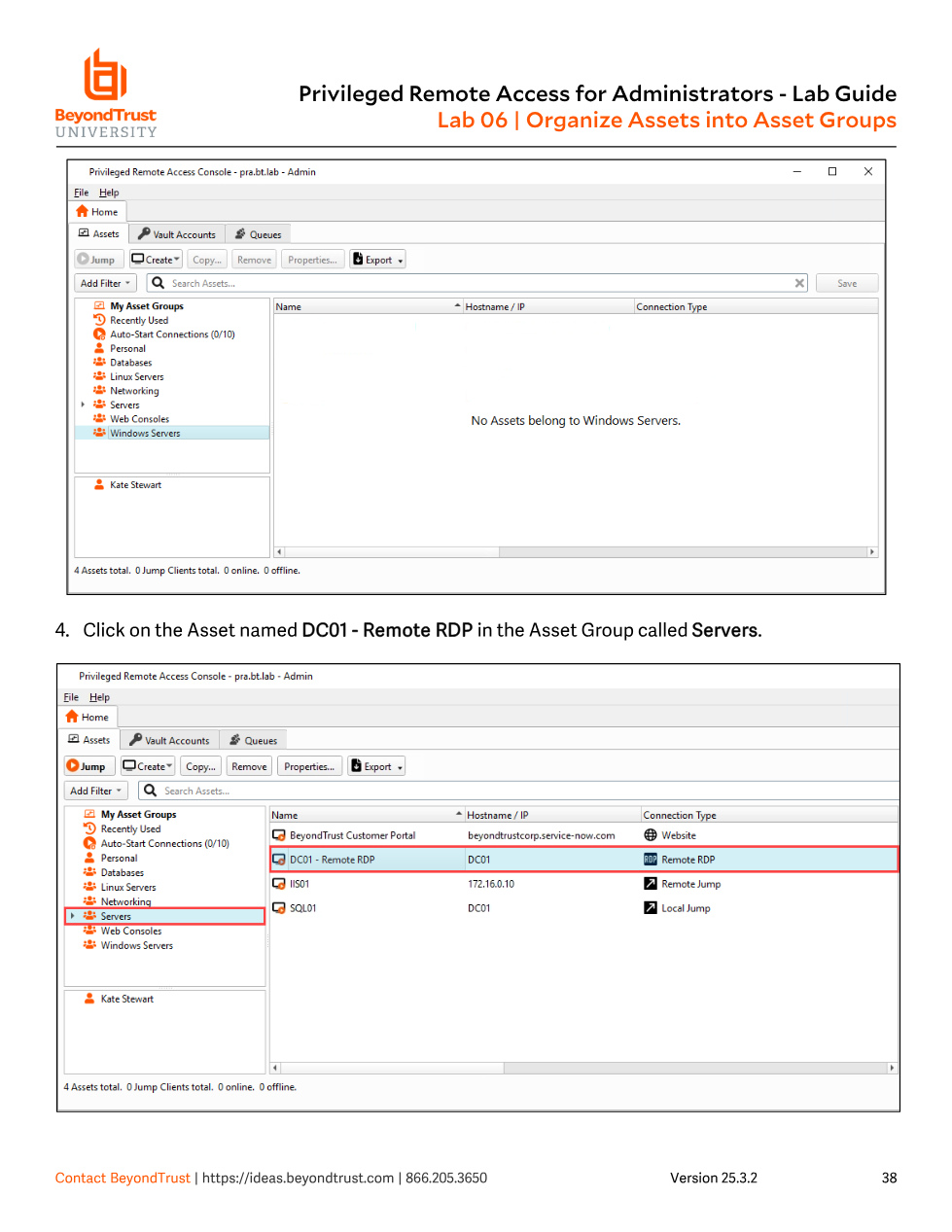 Access Console Assets tab showing the asset tree with Windows Servers group selected and empty, and DC01 - Remote RDP selected under Servers