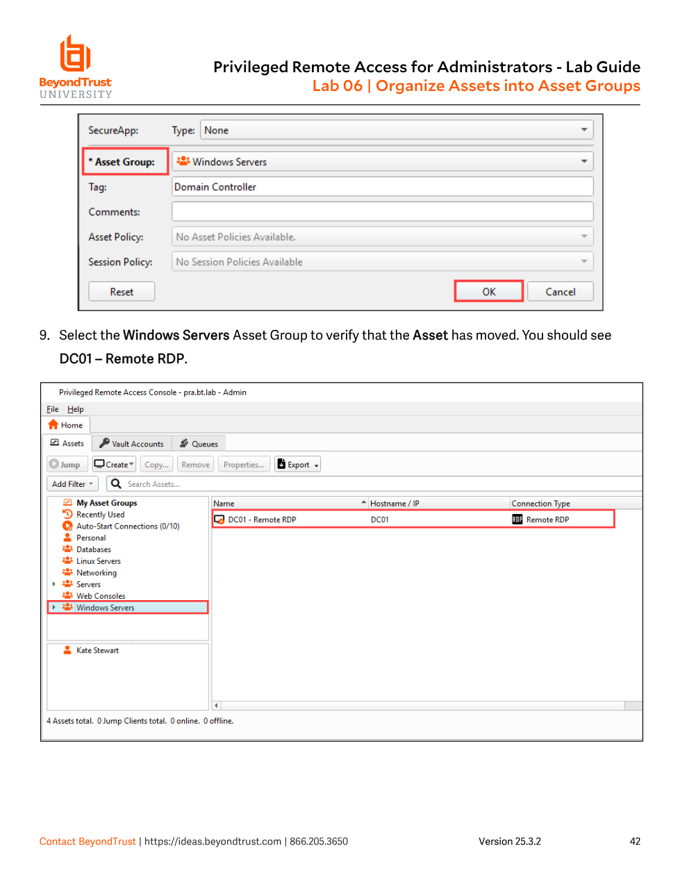 Access Console properties dialog with Asset Group dropdown set to Windows Servers, and the asset tree confirming DC01 - Remote RDP now under Windows Servers