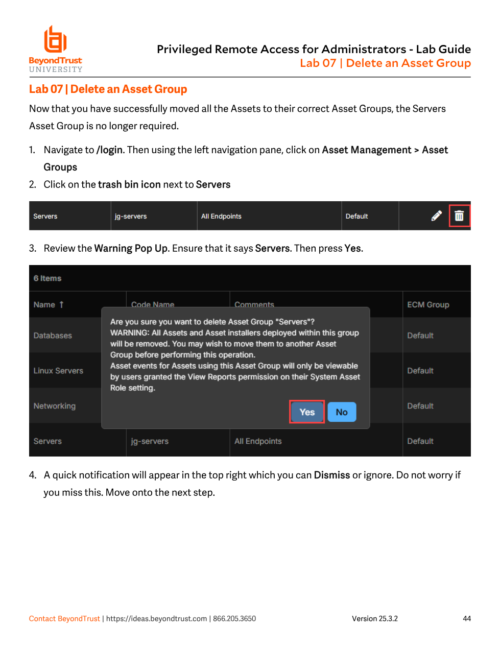 Confirmation dialog warning that deleting the Servers Asset Group will remove all assets and installers within it