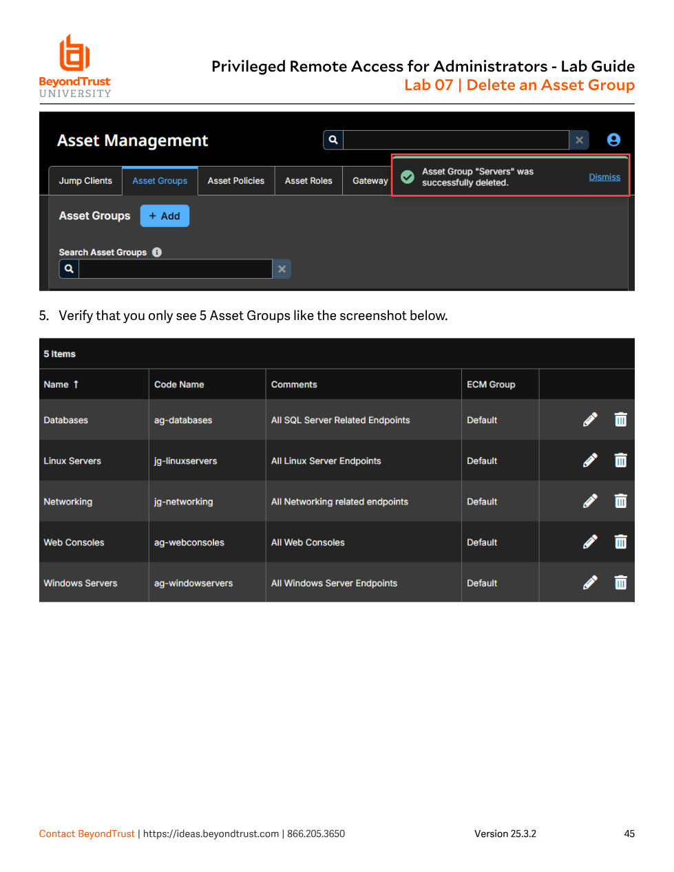 Asset Groups list after deletion, now showing 5 remaining groups: Databases, Linux Servers, Networking, Web Consoles, Windows Servers