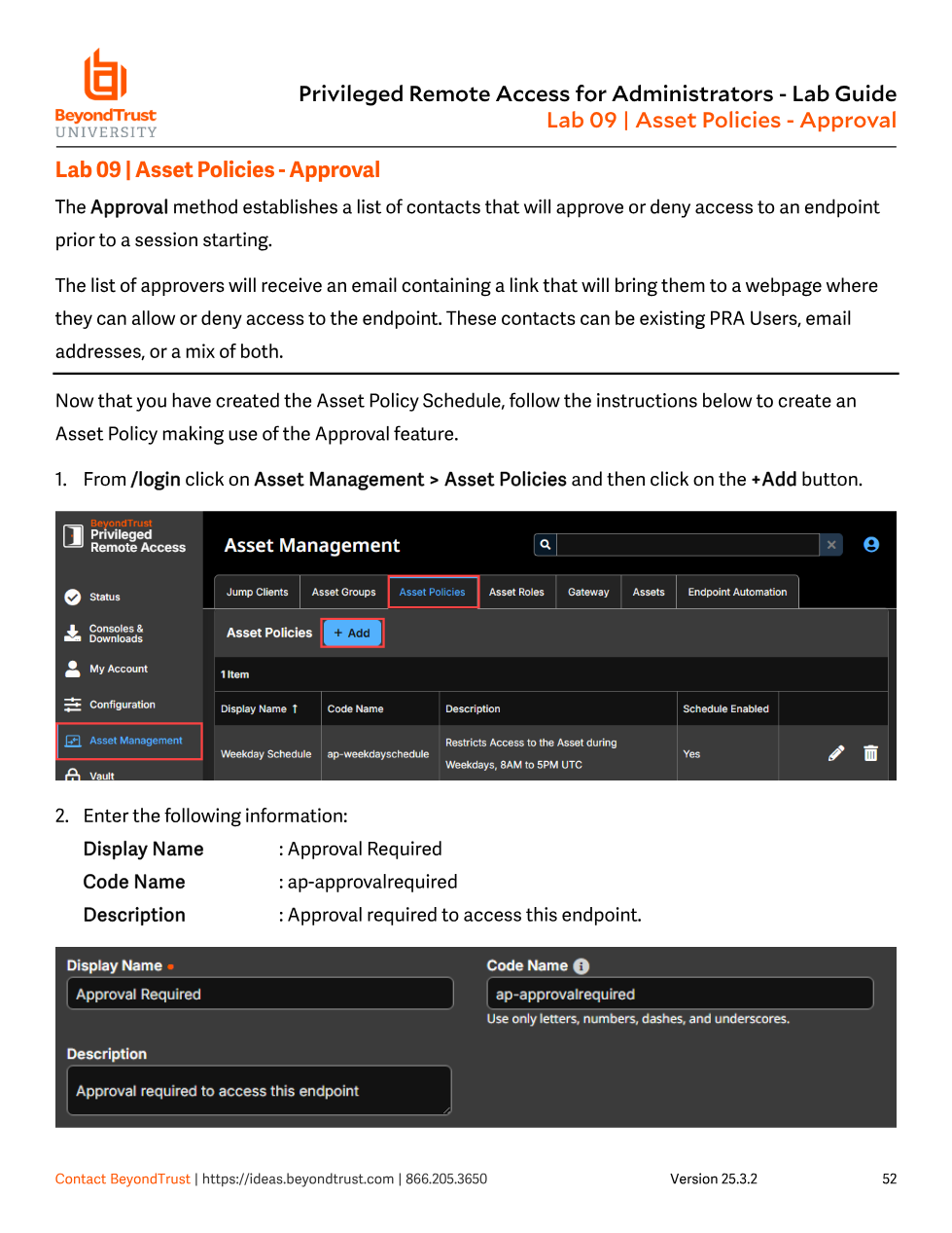 Add Asset Policy form for Approval Required policy, with Display Name, Code Name, and Description filled in