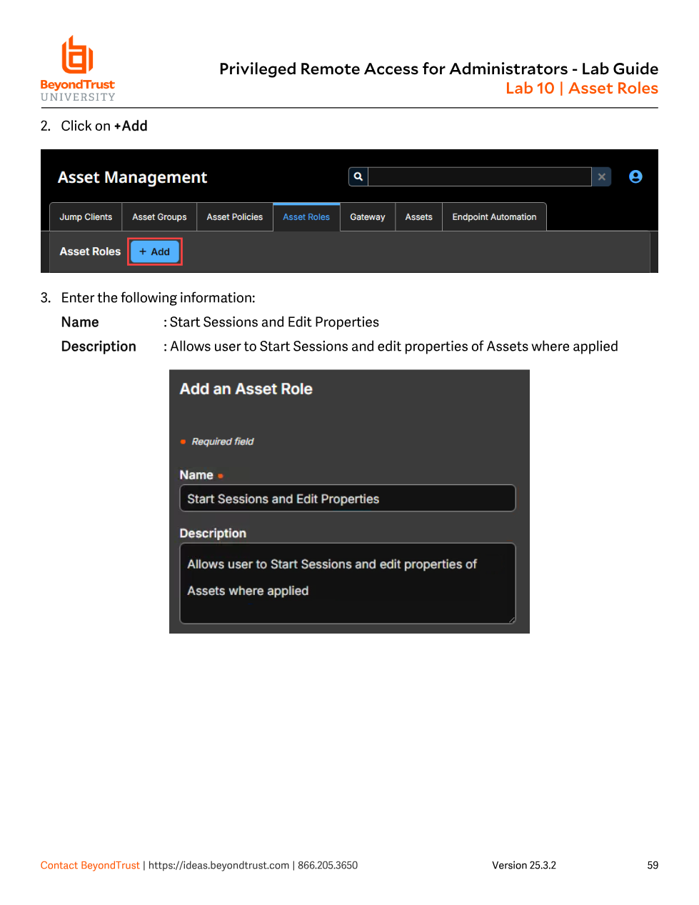 Add an Asset Role form with Name Start Sessions and Edit Properties, and a Description field