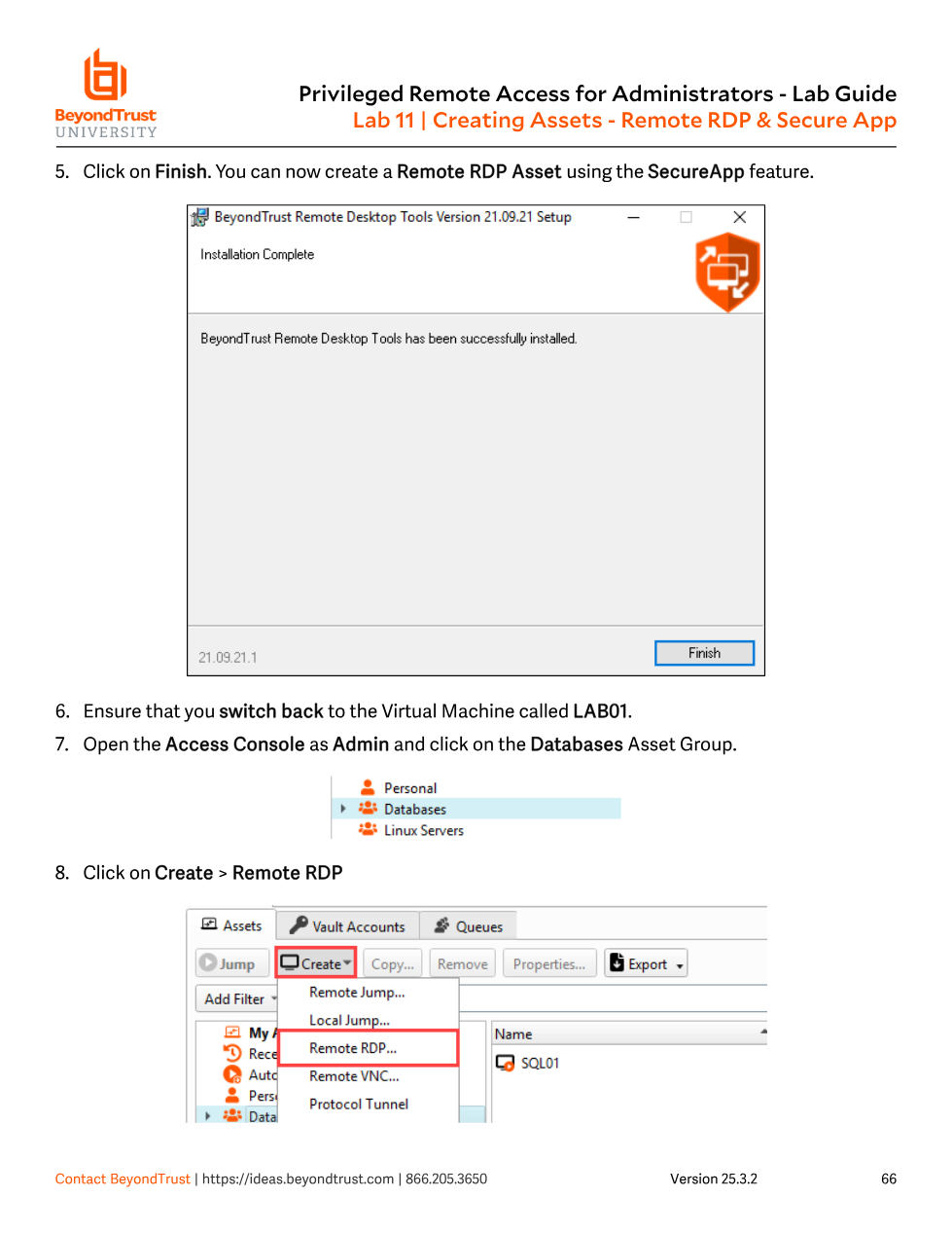 Access Console Create menu showing Remote Jump, Local Jump, Remote RDP, Remote VNC, and Protocol Tunnel options, with Remote RDP highlighted