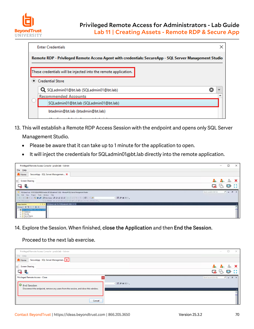 Enter Credentials dialog for a SecureApp - SQL Server Management Studio asset, showing credentials will be injected into the remote application, with SQLadmin01 selected from the credential store