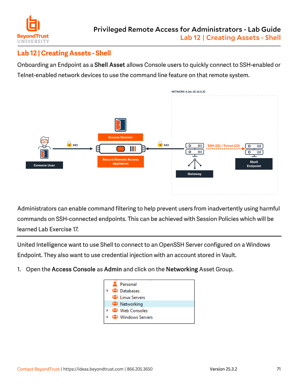 Diagram showing a Console User connecting through the Secure Remote Access Appliance and a Gateway to an SSH/Telnet-enabled Shell Endpoint in a remote network