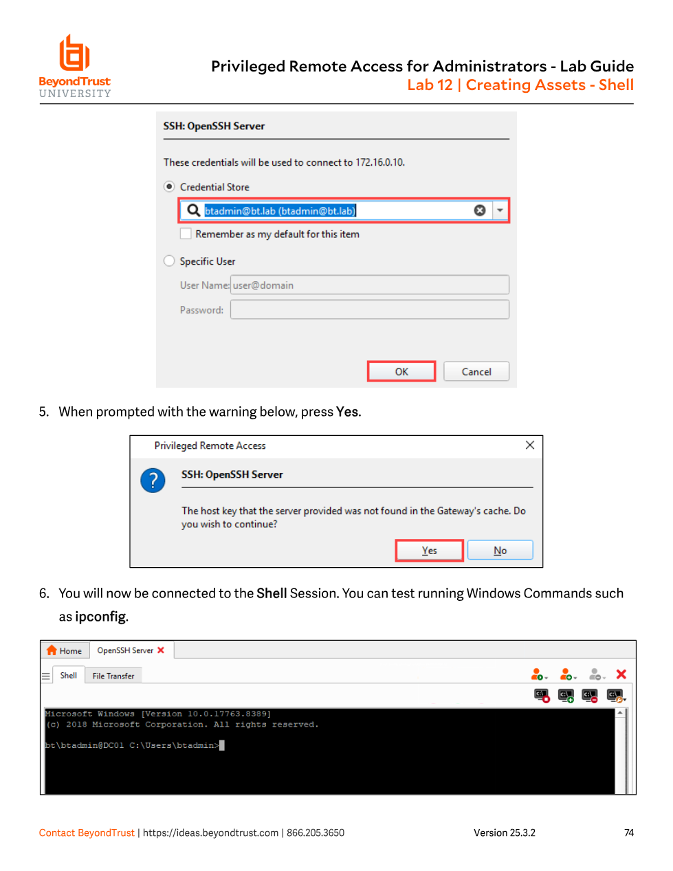Active Shell session showing a Windows command prompt reached via OpenSSH, with the user btadmin connected to DC01