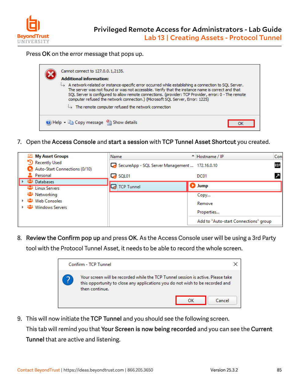 Access Console tree with TCP Tunnel asset selected and a Jump context menu, plus a confirmation dialog warning that the screen will be recorded while the TCP Tunnel session is active