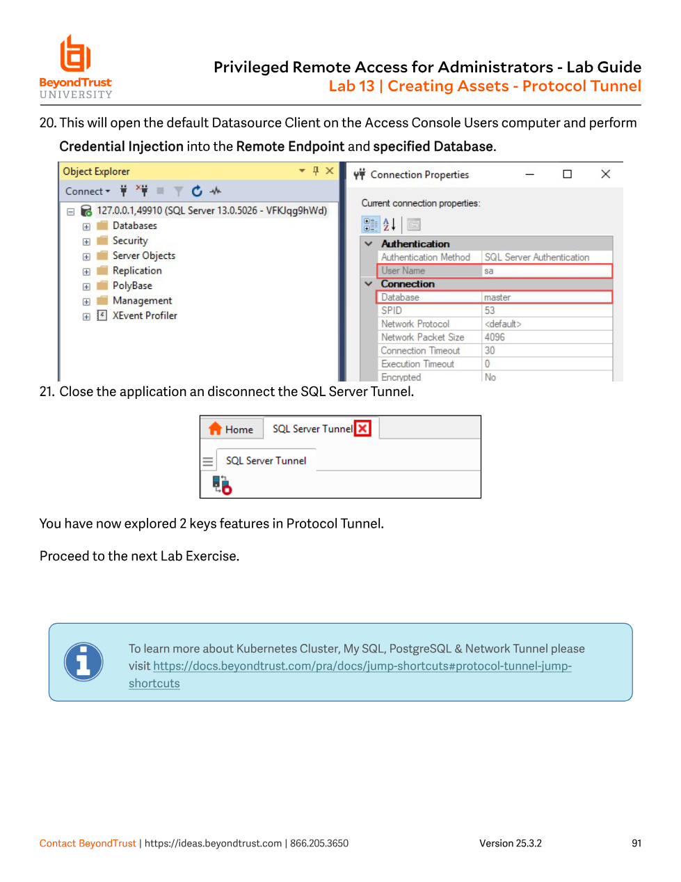 SQL Server Management Studio connected to 127.0.0.1 via the tunnel, with Connection Properties showing SQL Server Authentication and the injected sa username