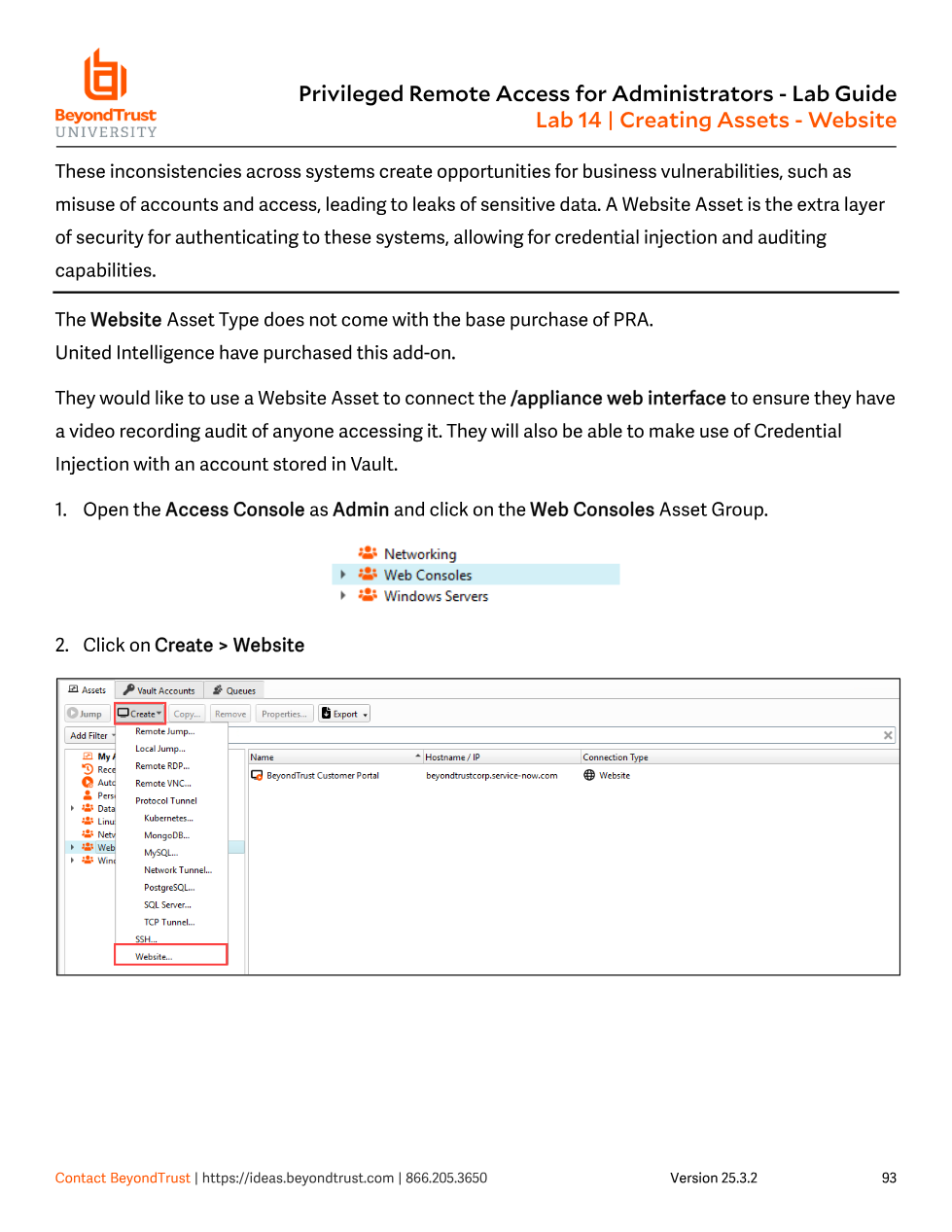 Create menu with Website highlighted at the bottom of the asset type list, being created in the Web Consoles Asset Group