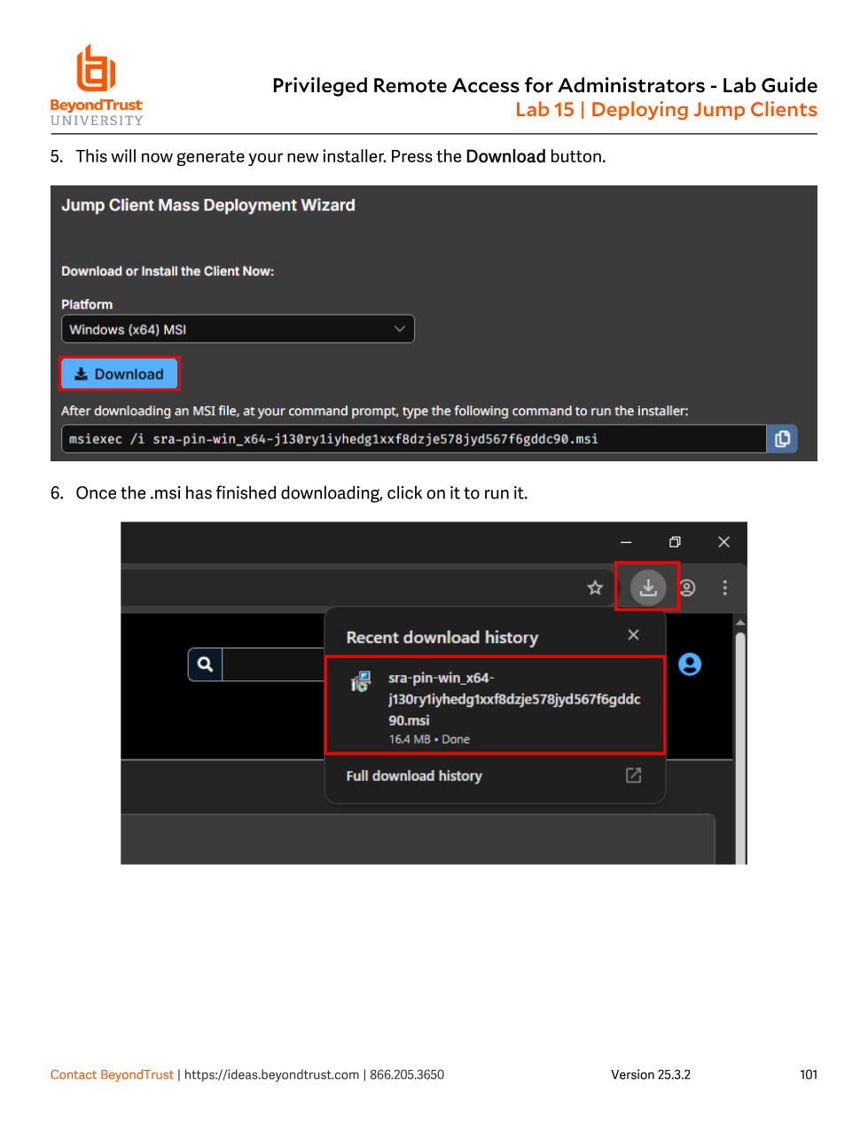 Jump Client Mass Deployment Wizard showing a generated Windows x64 MSI installer with a Download button and msiexec install command, plus the downloaded file in Chrome's download history