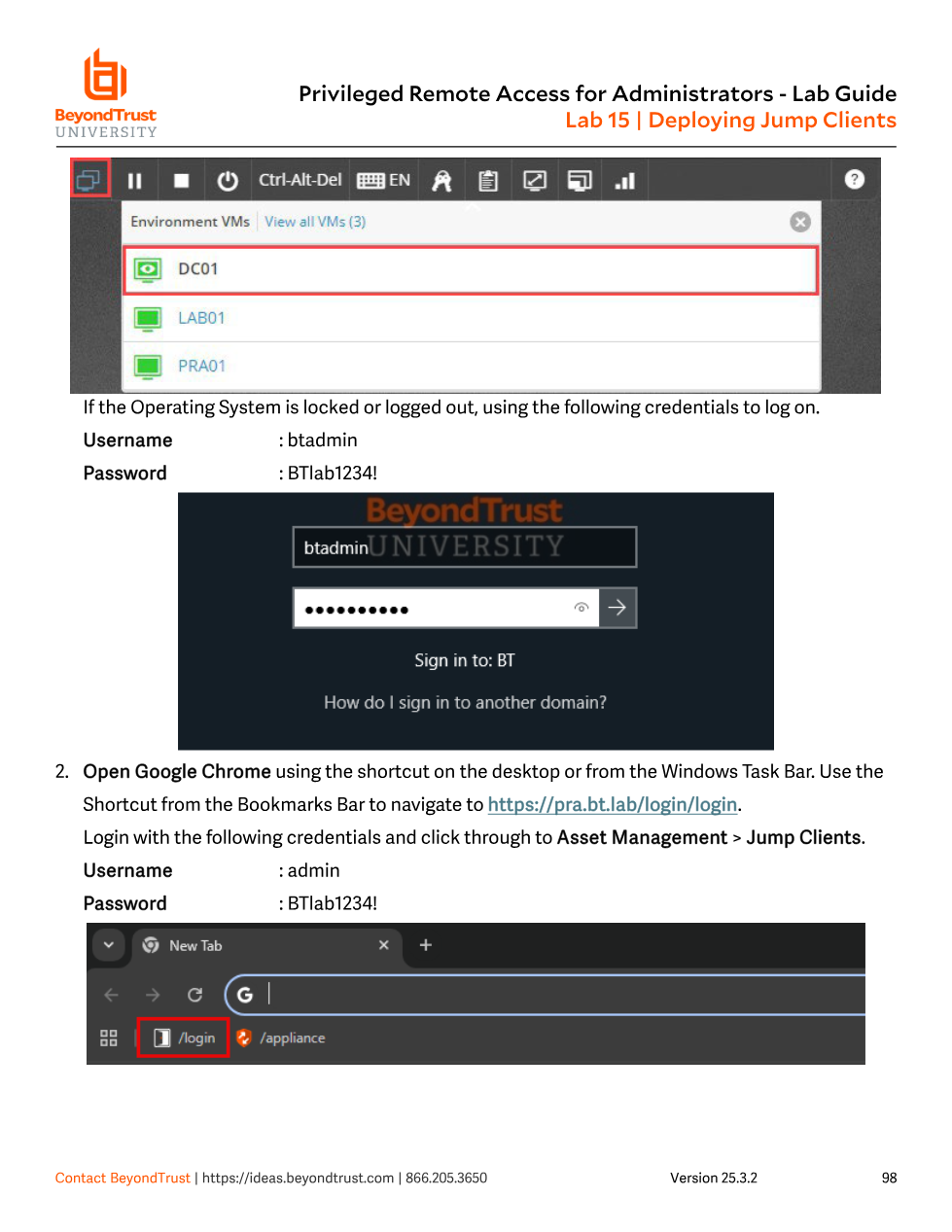 Lab environment VM picker and PRA login screen for pra.bt.lab/login/login, logging in as admin to reach Asset Management > Jump Clients