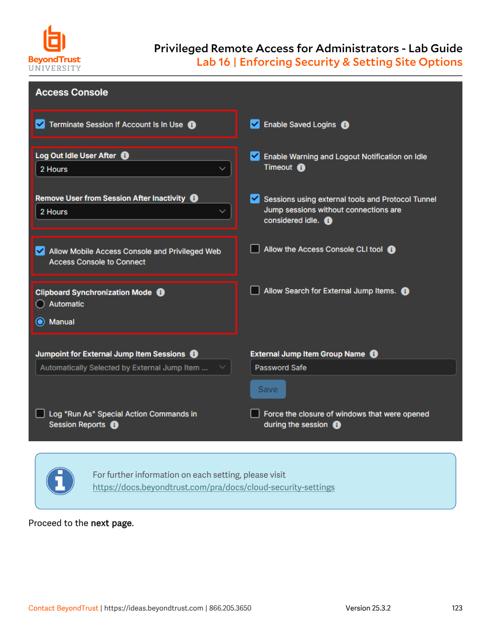 Access Console security settings panel in /login Management Security, showing Terminate Session If Account Is In Use, Log Out Idle User After, Remove User from Session After Inactivity, Allow Mobile Access Console and Privileged Web Access Console to Connect, and Clipboard Synchronization Mode set to Manual