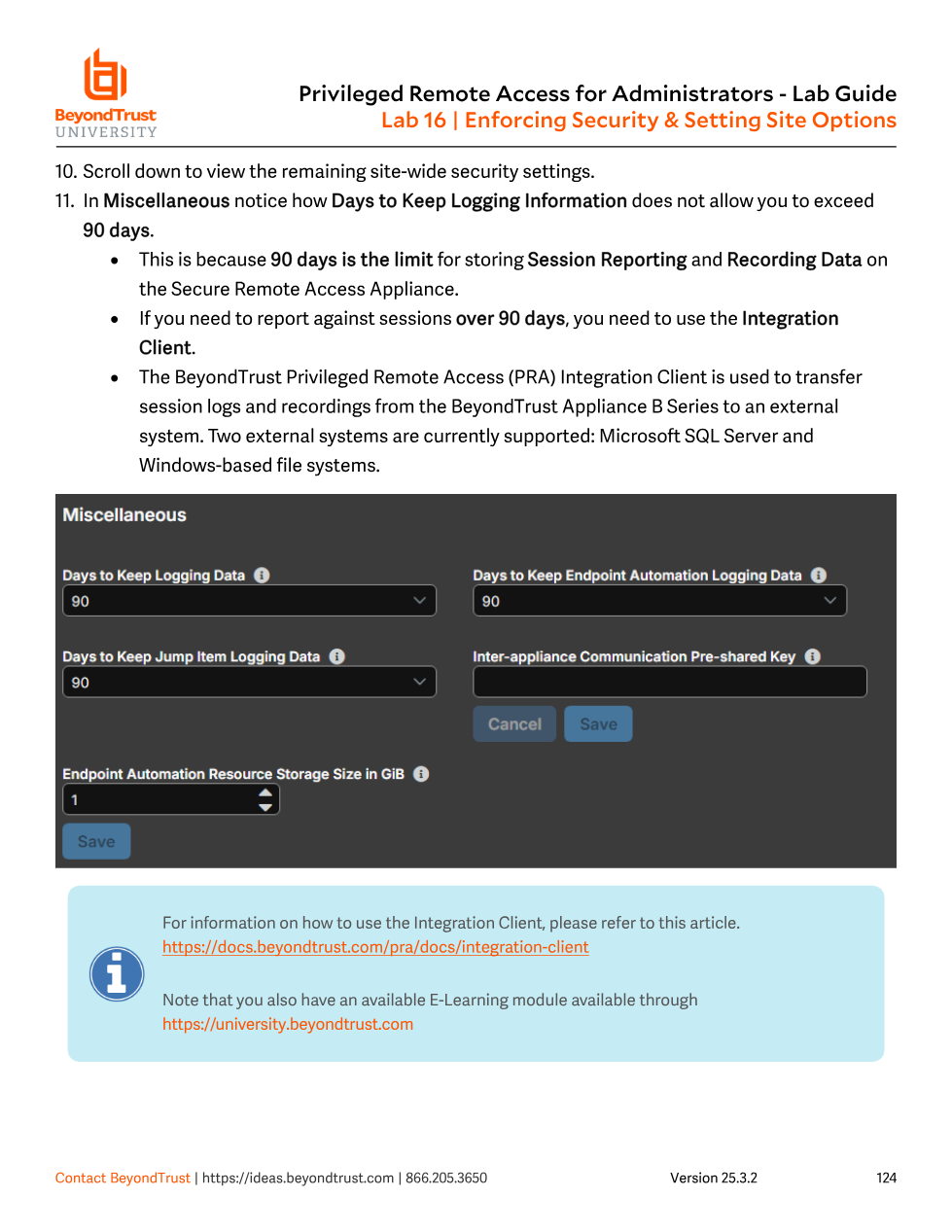 Miscellaneous section of the Security page showing Days to Keep Logging Data, Days to Keep Endpoint Automation Logging Data, Days to Keep Jump Item Logging Data, Inter-appliance Communication Pre-shared Key, and Endpoint Automation Resource Storage Size in GiB, all defaulted to 90 days / 1 GiB
