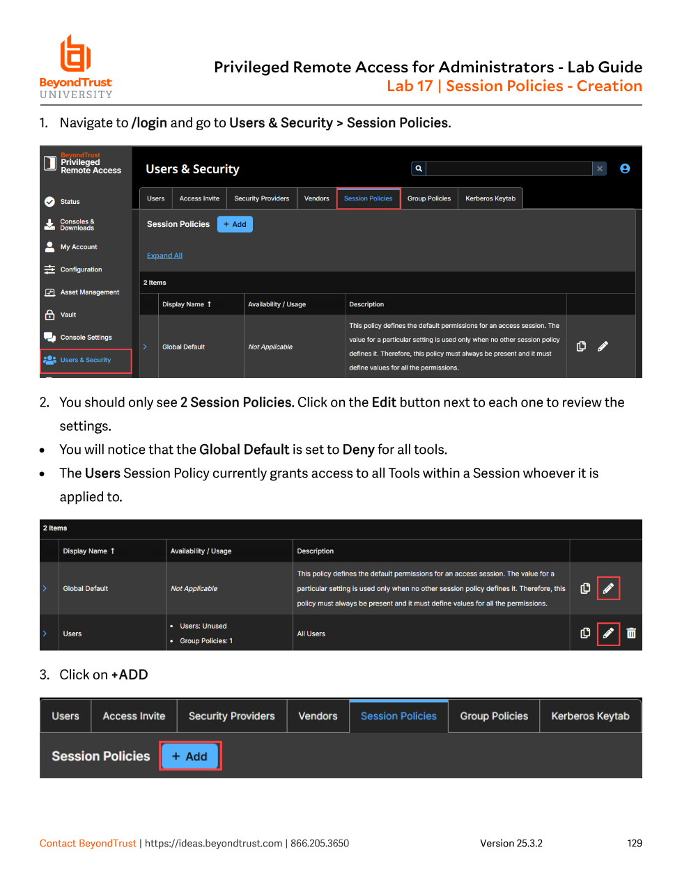 Session Policies list page showing Global Default and Users policies, with the Add button highlighted
