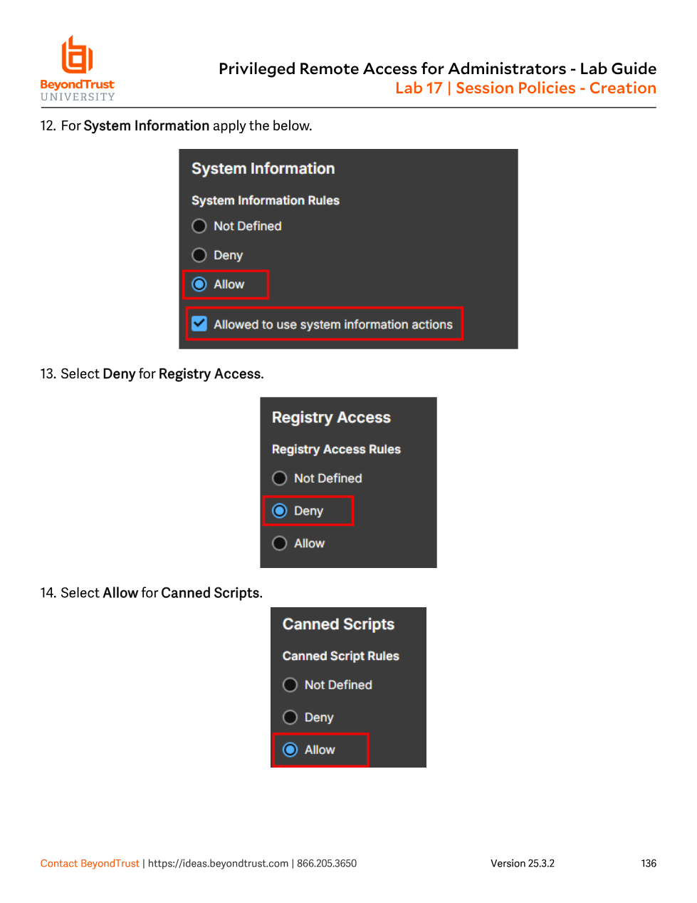 Session Policy editor showing System Information set to Allow, Registry Access set to Deny, and Canned Scripts set to Allow