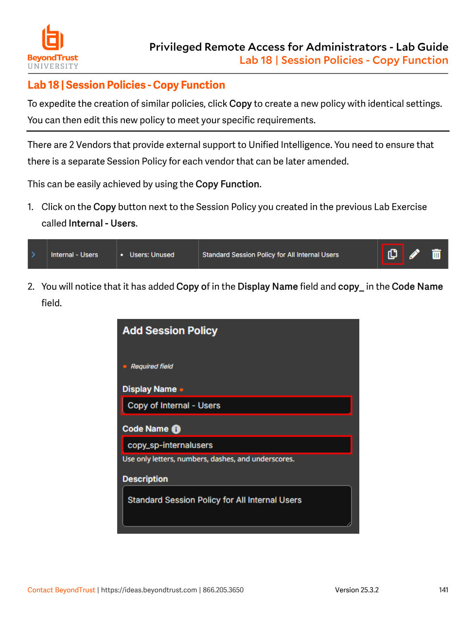Session Policies list with the Copy button highlighted next to Internal - Users