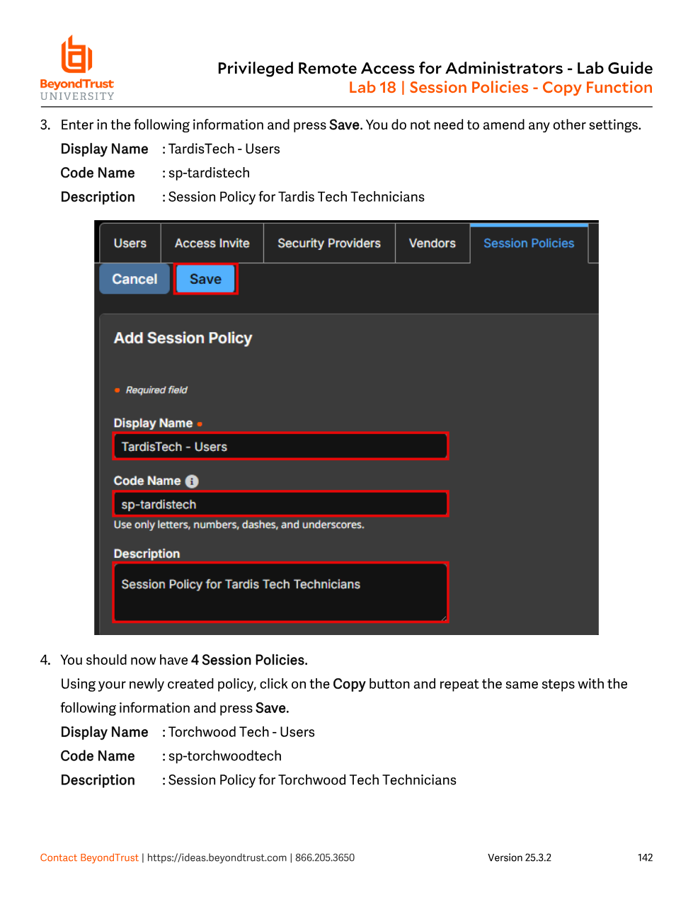 Add Session Policy form pre-filled from a copy, with Display Name changed to TardisTech - Users