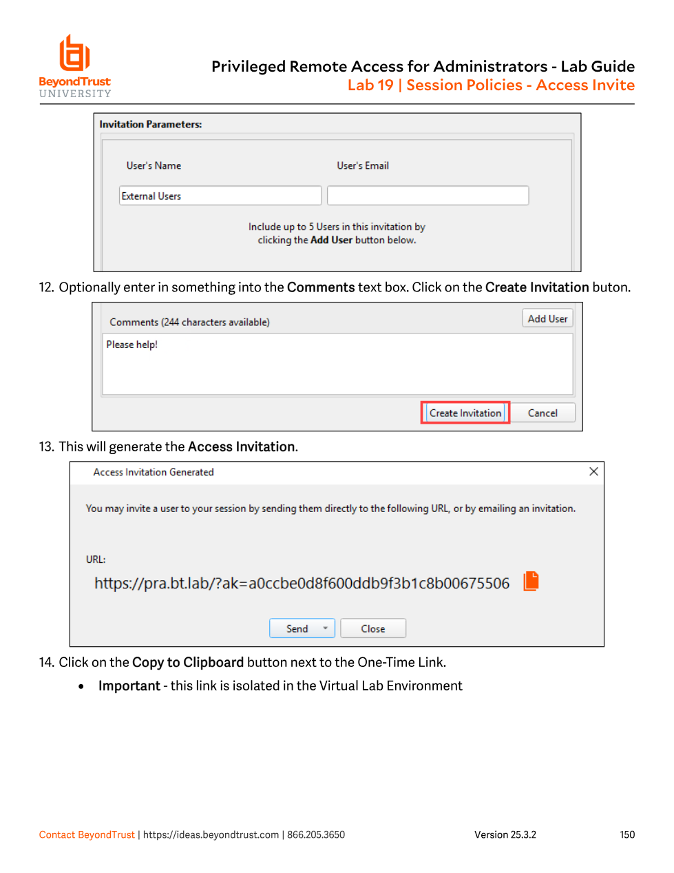 Access Invitation Generated dialog showing a one-time URL to send to an external user
