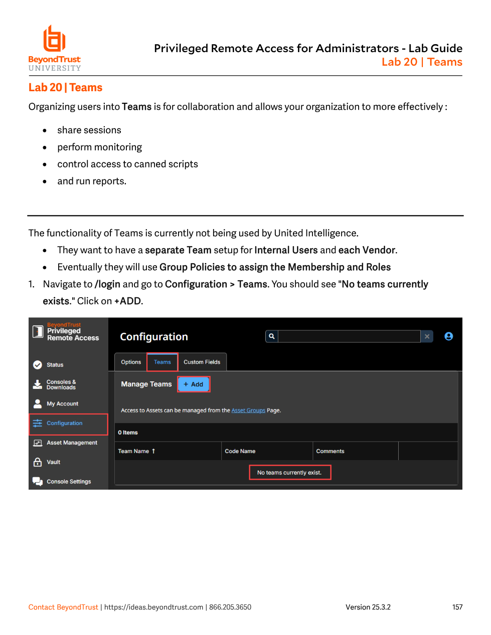 Configuration > Teams page showing no teams currently exist and the Add button highlighted