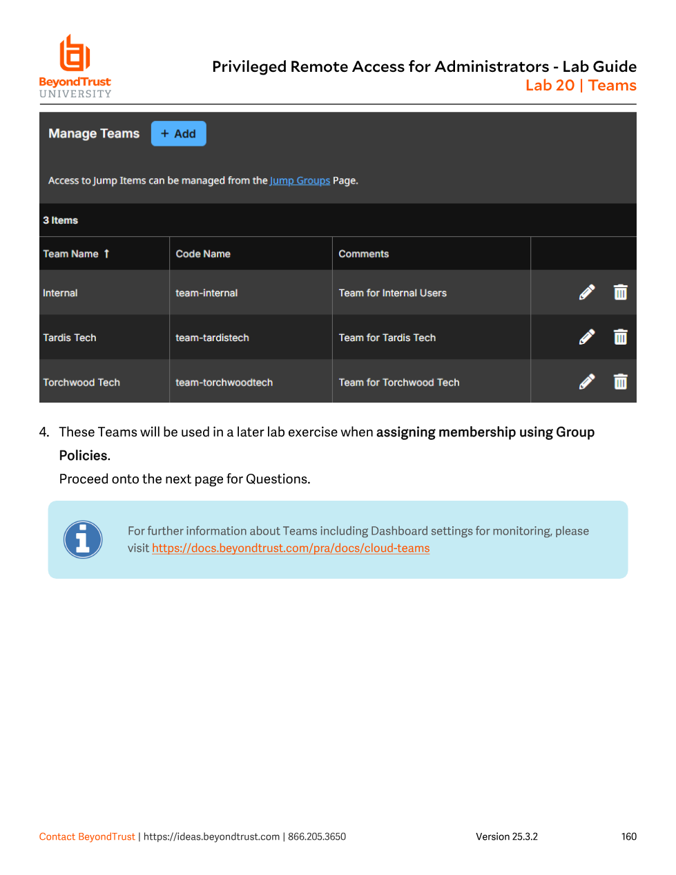 Manage Teams list showing three teams: Internal, Tardis Tech, and Torchwood Tech