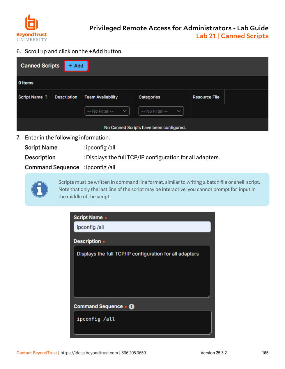 Add canned script form: Script Name ipconfig /all, Description, and Command Sequence ipconfig /all
