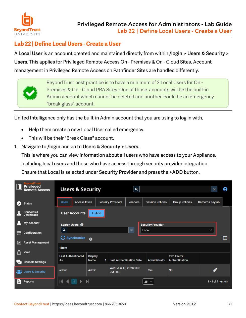 Users & Security > Users page with the Security Provider filter set to Local and the +Add button highlighted