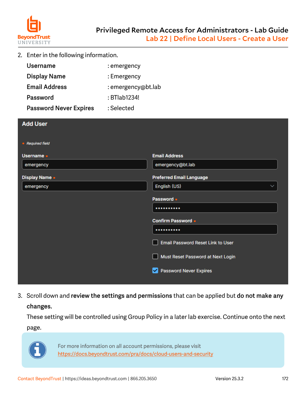 Add User form showing Username, Display Name, Email Address, Preferred Email Language, Password, Confirm Password fields and three checkboxes: Email Password Reset Link to User, Must Reset Password at Next Login, Password Never Expires