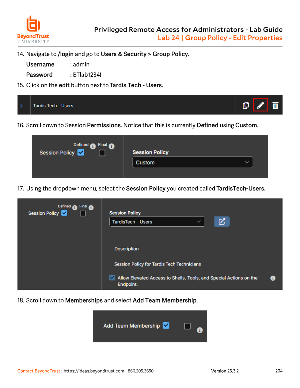 Session Permissions section of a Group Policy, with Session Policy dropdown set to TardisTech - Users and Defined/Final checkboxes visible