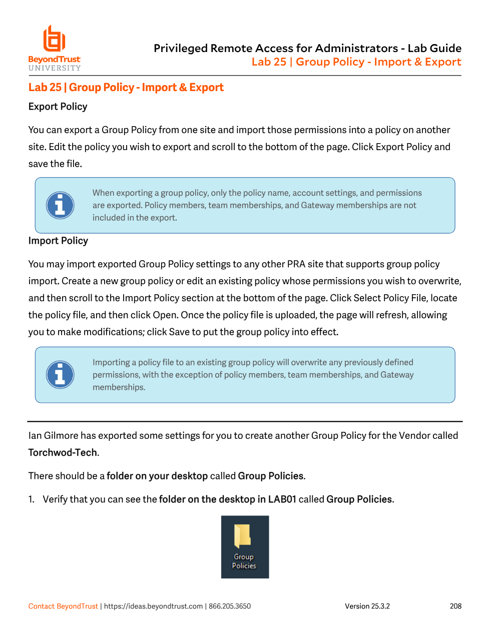 Export Policy and Import Policy explanation text, with a note that memberships are not included in exports