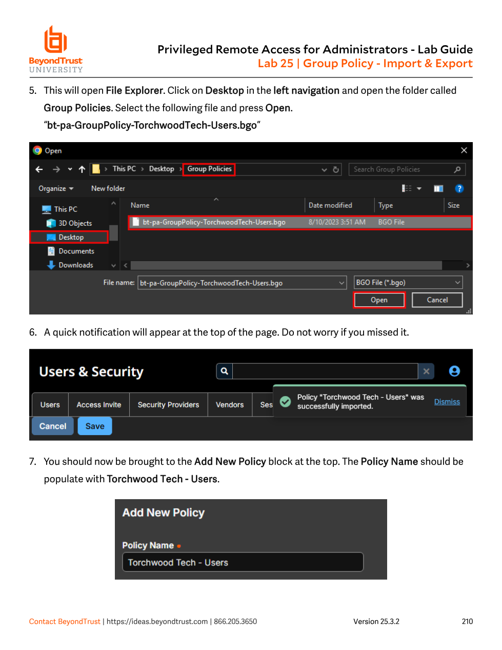 Importing a bt-pa-GroupPolicy-TorchwoodTech-Users.bgo file, with the Policy Name field auto-populated as Torchwood Tech - Users after import