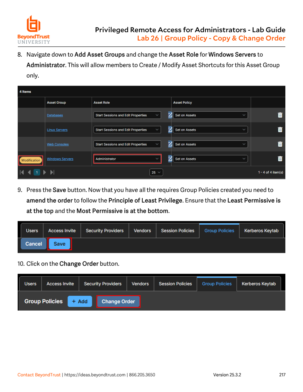 Group Policies page with the Change Order button highlighted after editing an Asset Role, with instructions to place least permissive at top and most permissive at bottom
