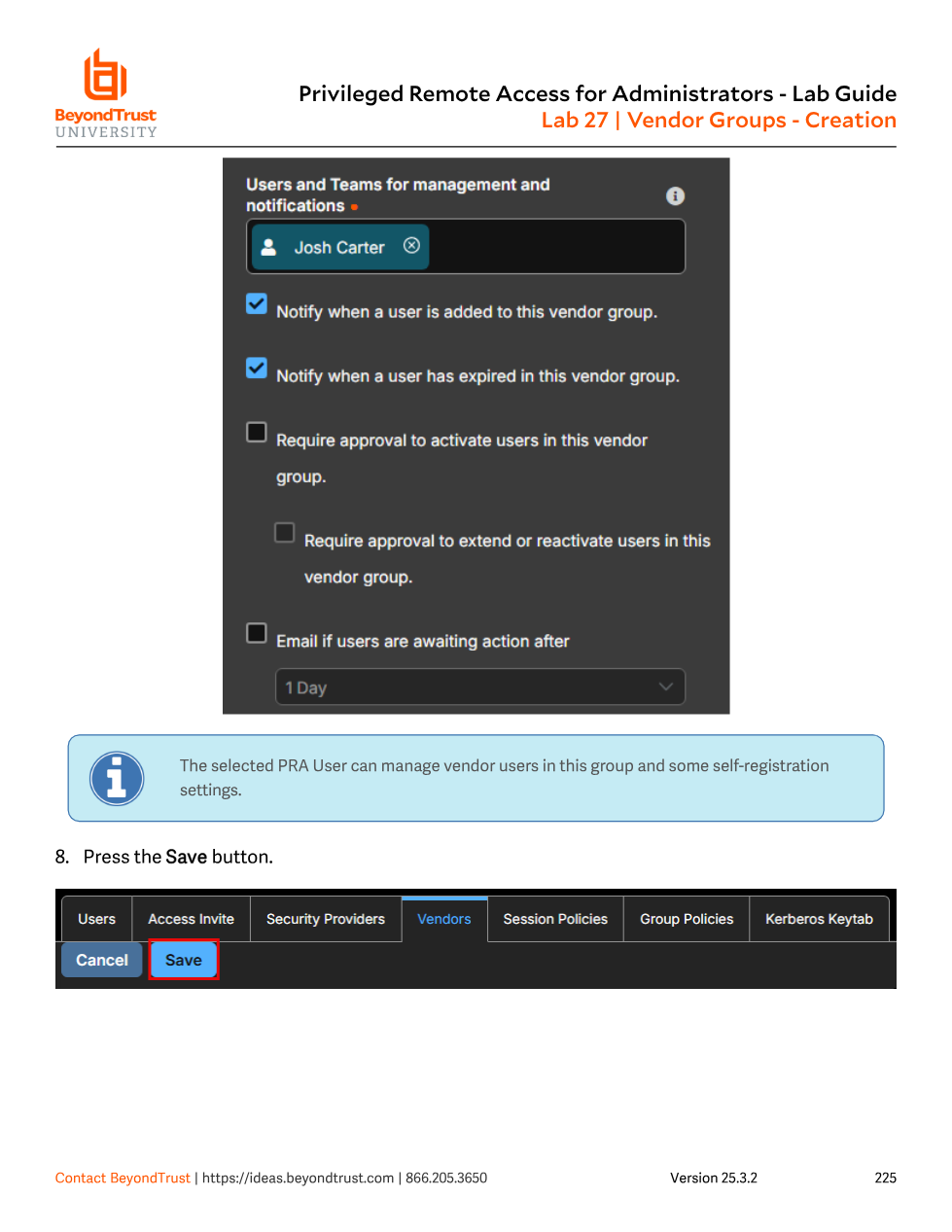 Vendor Group creation form: Users and Teams for notifications set to Josh Carter, with notification checkboxes and approval checkboxes visible