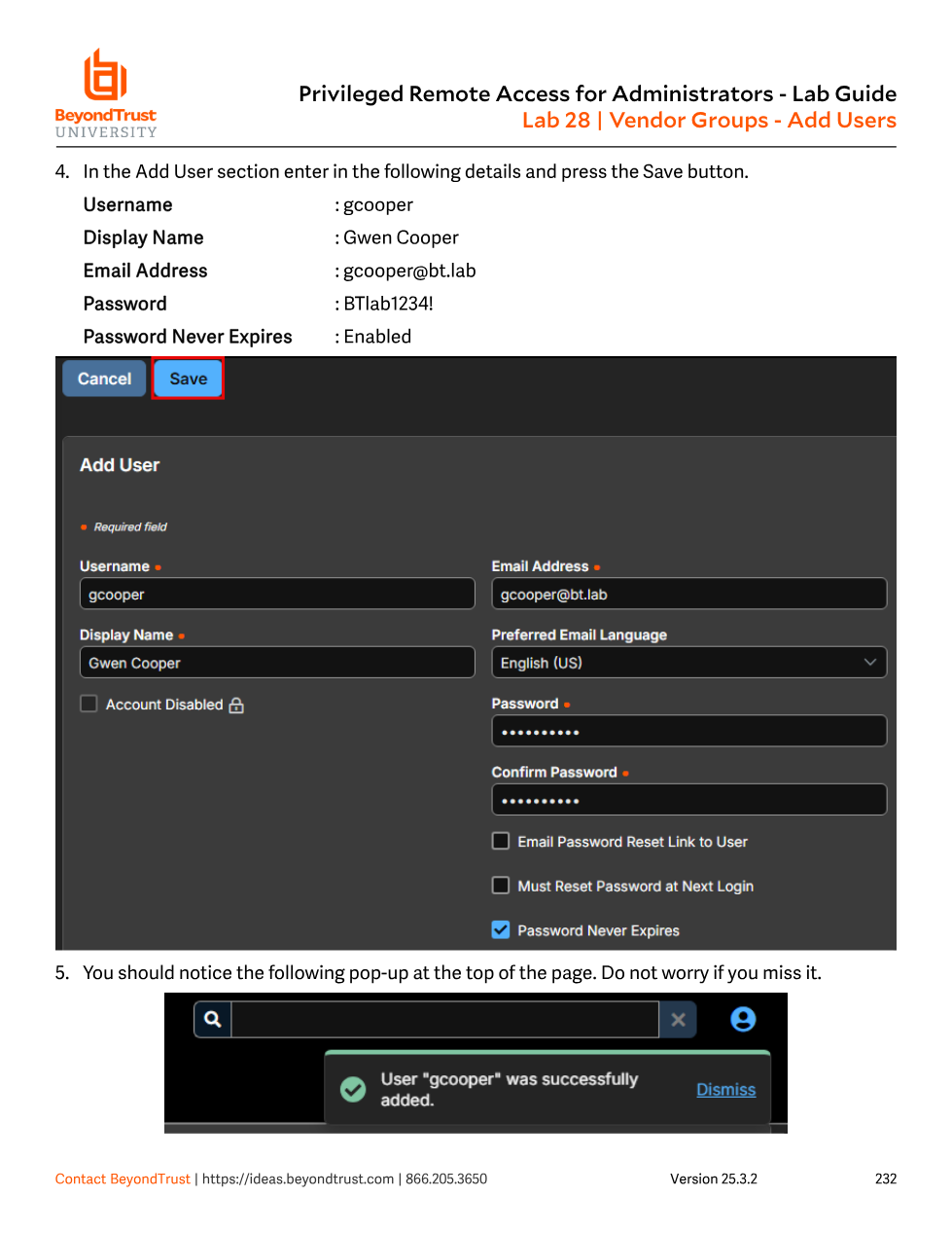 Add User form for a vendor user: Username gcooper, Display Name Gwen Cooper, Email, Password