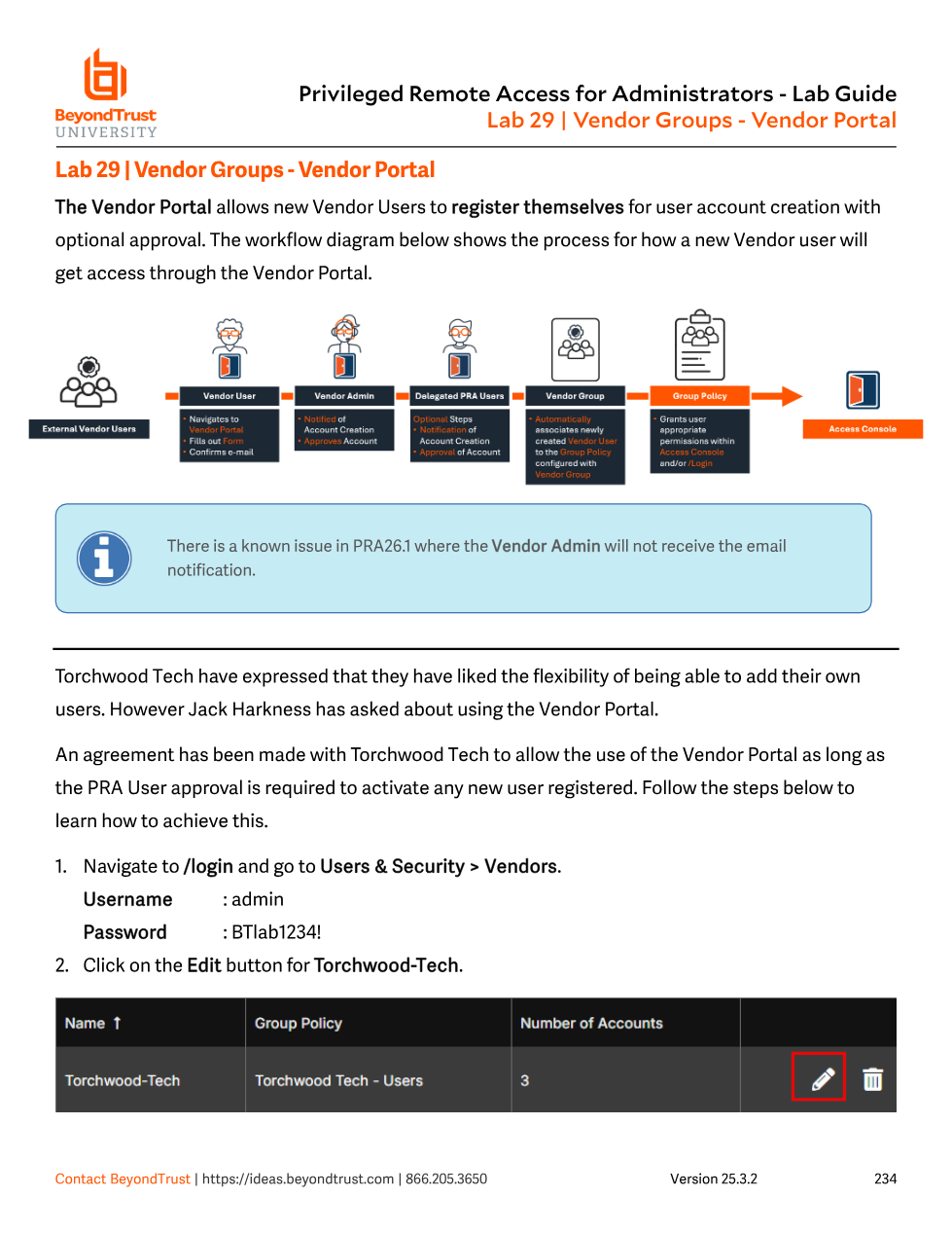 Editing the Torchwood-Tech vendor group to enable the vendor portal, with the registration workflow diagram shown